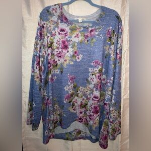 Women’s Casual Express Top Long Sleeve Size 2X Blue With Flower Pattern